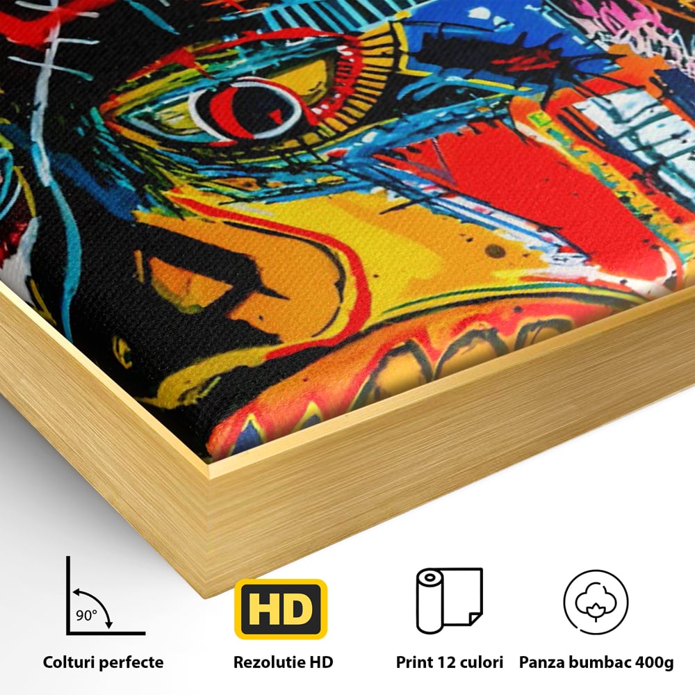 Detaliu al suprafetei: tablou canvas cu portret pop art si coroana rosie, in rama de aluminiu auriu